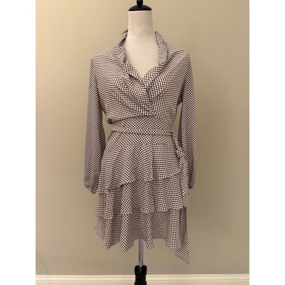 Express Dresses & Skirts - Express Polka‎ Dot Wrap Mini Dress Brown Cream Tiered Ruffle Long Sleeve XS